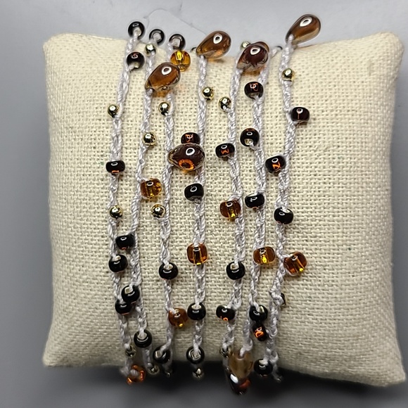 Women's Wrap Bracelet Light Gray Gold Brown Beads Handmade Crochet Everyday Cute - Picture 4 of 6